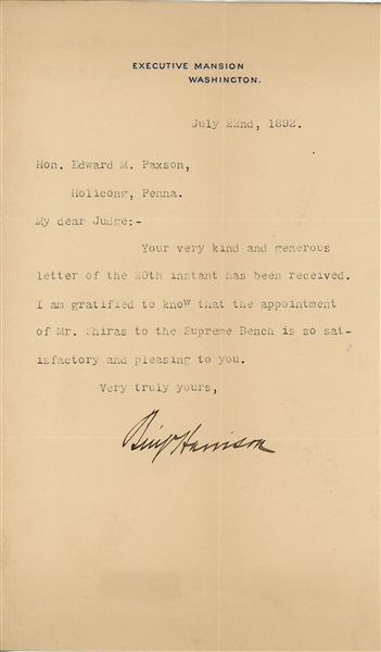 Benjamin Harrison Typed Letter Signed (Beckett/BAS LOA) 