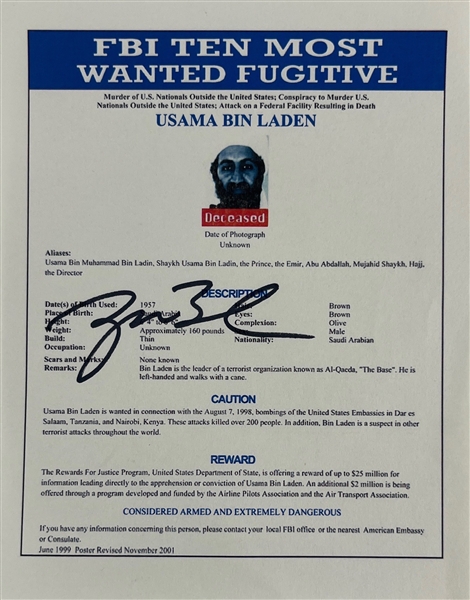 President George W. Bush Signed 5" x 6" Print featuring Bin Laden FBI Most Wanted Poster Image (Third Party Guaranteed)