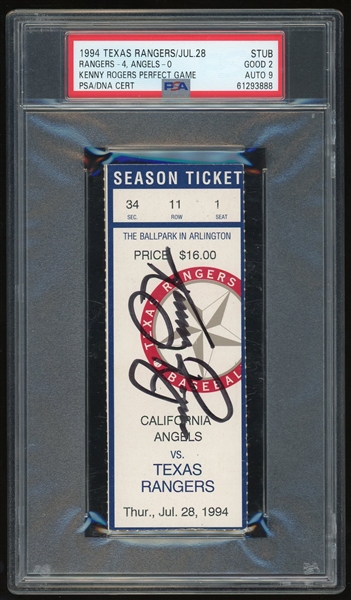 Kenny Rogers Signed 1994 Perfect Game No Hitter Ticket (PSA/DNA Encapsulated)