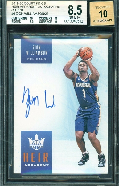 Autographed Zion Williamson 2019-20 Court Kings Heir #6 Citrine RC, 8.5 NM-MT+, Autograph 10 (BAS Encapsulated)