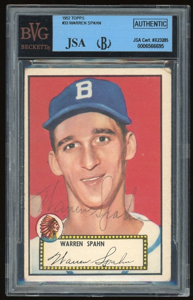 Warren Spahn Signed 1952 Topps Card #33 Boston Braves (Beckett/BAS Encapsulated)