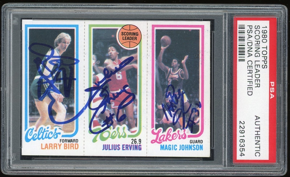 Fully Signed 1980 Topps Scoring Leaders w/ Larry Bird, Julius Erving & Magic Johnson:: Magic & Bird Rookie (PSA/DNA Encapsulated)