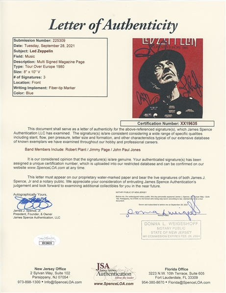 Led Zeppelin Group Signed Magazine Page (3 Sigs) (JSA Authentication) 