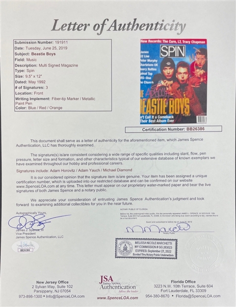 Beastie Boys : Group Signed 1992 Spin Magazine (3 Sigs) (JSA LOA)