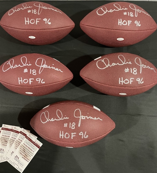 Lot of Five (5) HOFer Charlie Joiner Signed & Inscribed Footballs (JSA Witnessed)