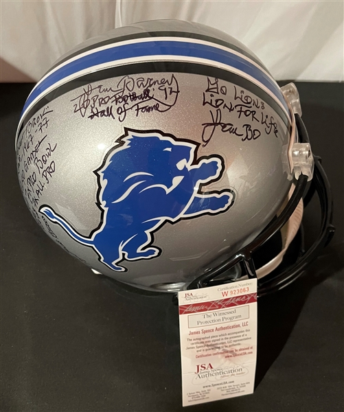 Lem Barney Signed & Stat Inscribed Lions Replica Helmet (JSA Witnessed)