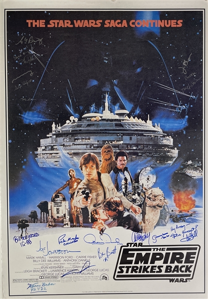 Star Wars The Empire Strikes Back Cast Signed Full Sized Movie Poster with Hamill, Fisher, Lucas, etc. (19 Sigs)(Beckett/BAS LOA)