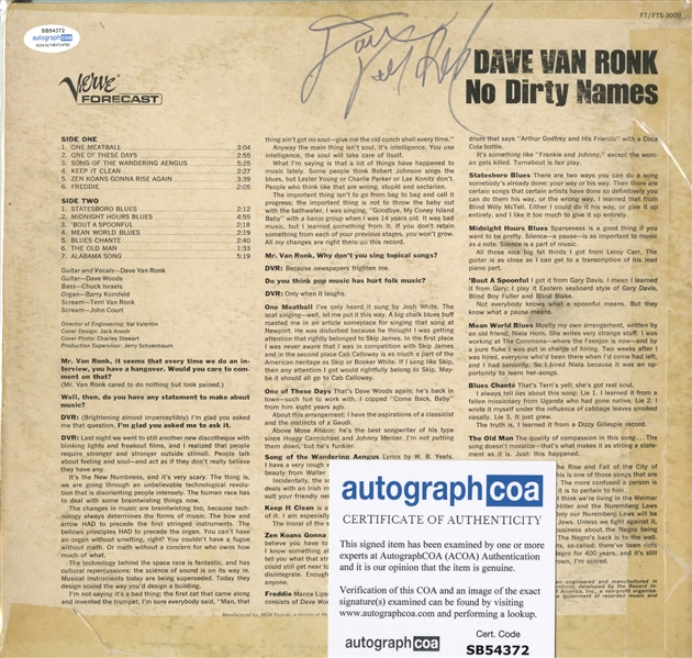 David Van Ronk Signed "No Dirty Names" Album Cover (ACOA)