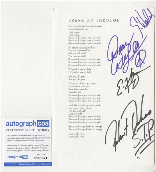 Stone Temple Pilots: Group Signed "Break on Through" Lyric Page (ACOA)