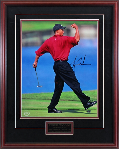 Tiger Woods Beautiful Signed 16" x 20" Color "First Pump" Photograph in Framed Display (UDA)