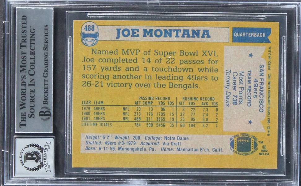 Joe Montana Signed 1982 Topps Card with GEM MINT 10 Autograph (Beckett/BAS Encapsulated)
