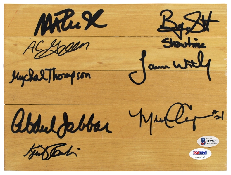 Showtime Lakers (8) Signed 8" x 10" Forum Floorboard Piece - Magic, Kareem +6 (PSA/DNA & BAS/Beckett)