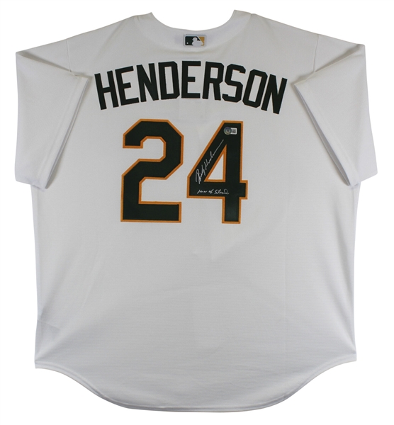 Rickey Henderson Signed Athletics Jersey with "Man of Steal" Inscription (Beckett/BAS Witnessed)