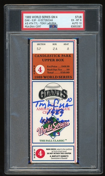 Tony LaRussa Signed 1989 World Series Game 4 Ticket Stub w/ Gem Mint 10 Auto! (PSA/DNA)