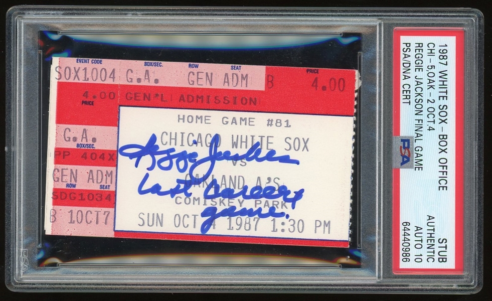 Reggie Jackson Signed  & "Last Career Game" Inscribed 1987 Ticket w/ Gem Mint 10 Auto!  (PSA/DNA)