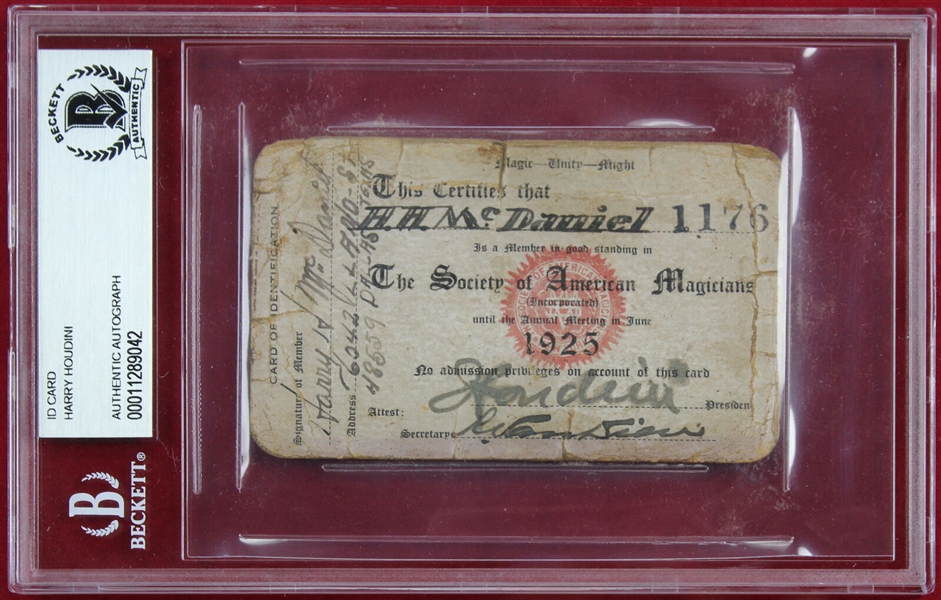 Harry Houdini Signed 1925 Society of American Magicians Membership Card in Amazing Framed Display (Beckett/BAS Encapsulated)