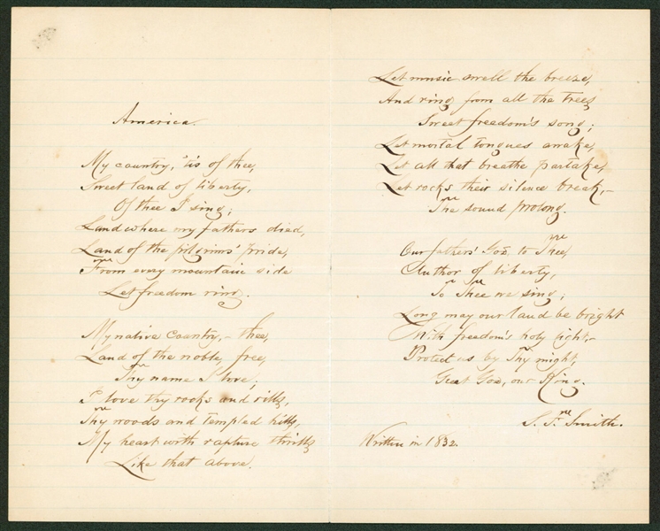 Samuel Francis Smith Handwritten & Signed Lyrics for "America (My Country Tis of Thee)" (Beckett/BAS LOA)