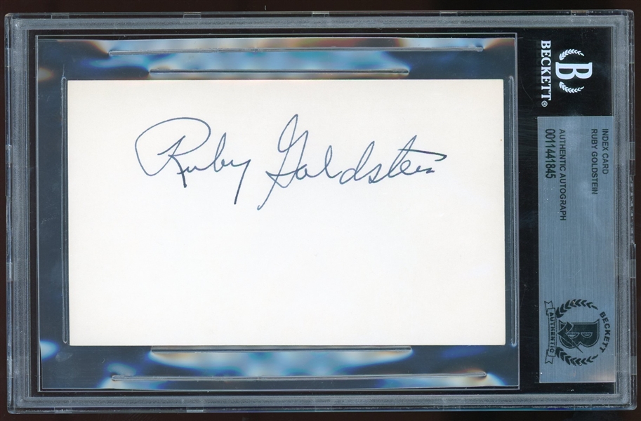Ruby Goldstein Signed 3 x 5 Index Card (Beckett/BAS Encapsulated)