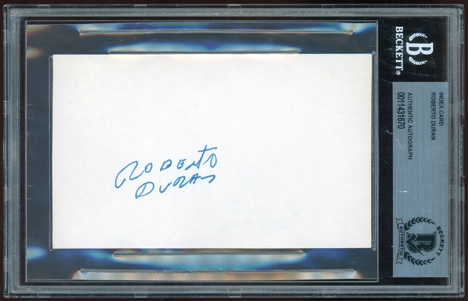 Roberto Duran Signed & Inscribed 3 x 5 Index Card (Beckett/BAS Encapsulated)