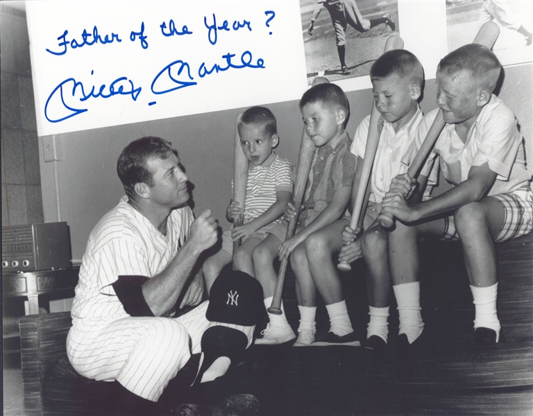 Mickey Mantle Signed 11" x 14" B&W Photograph with Unique "Father of the Year?" Inscription (Beckett/BAS GEM MINT 10 Auto)