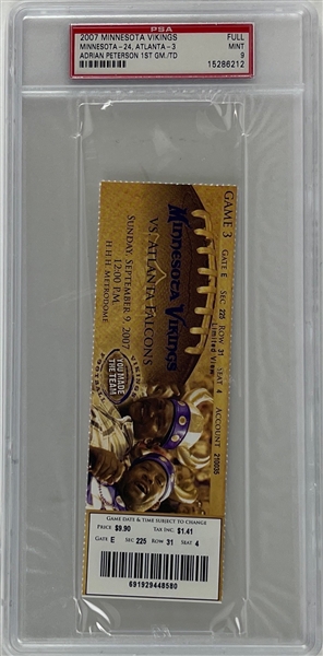 Adrian Peterson 1st Game/TD 2007 Vikings Ticket Stub Graded Mint 9! (PSA/DNA Encapsulated)