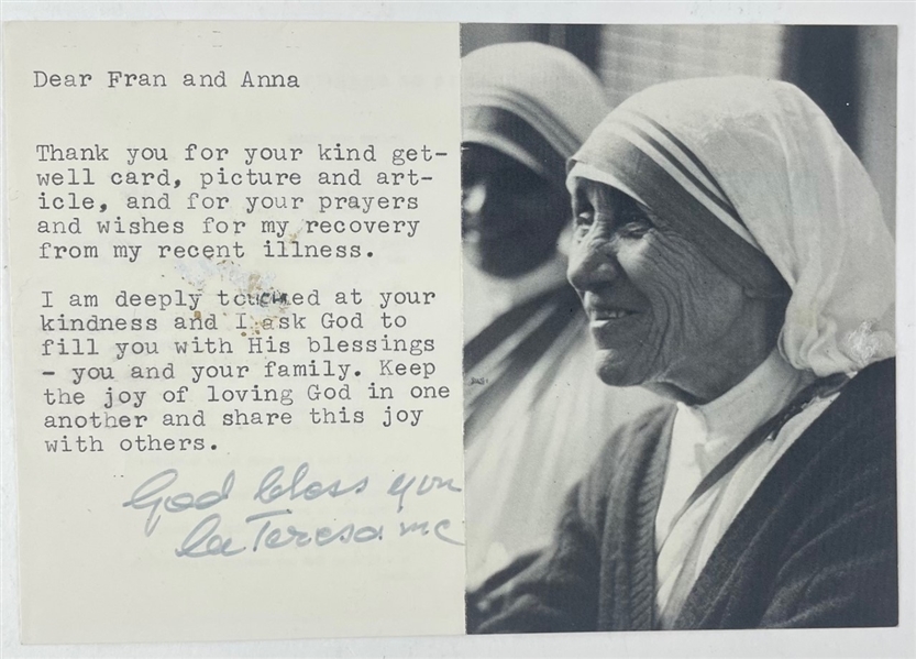 Mother Teresa Signed Postcard w/ "God Bless you" Note (Beckett/BAS) 