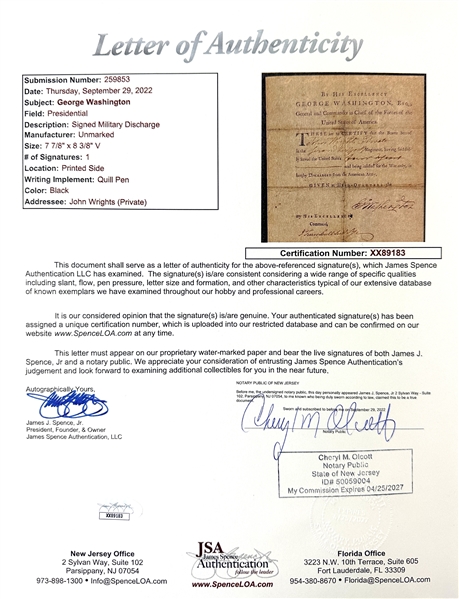 President George Washington Signed Revolutionary War Discharge with Exceptionally Bold Signature (JSA LOA & University Archives LOA)