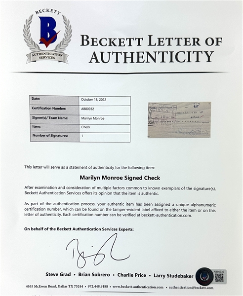Marilyn Monroe Signed 1960 Business Bank Check in Custom Framed Display (Beckett/BAS LOA)
