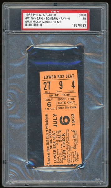 1952 Philadelphia A's Ticket Stub : Game 1 Mantle HR #22! (PSA/DNA Encapsulated)