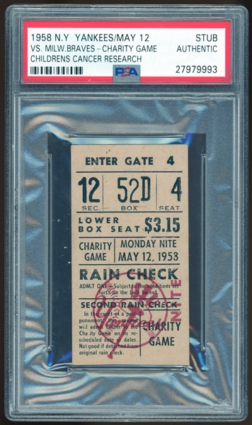 1958 Yankees Charity Game Ticket Stub :: Childrens Cancer Research (PSA/DNA)
