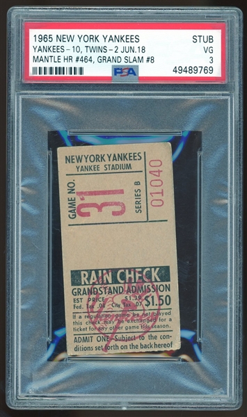 1965 Yankees Ticket Stub :: Mantle's HR #464 & Grand Slam #8 (PSA/DNA)