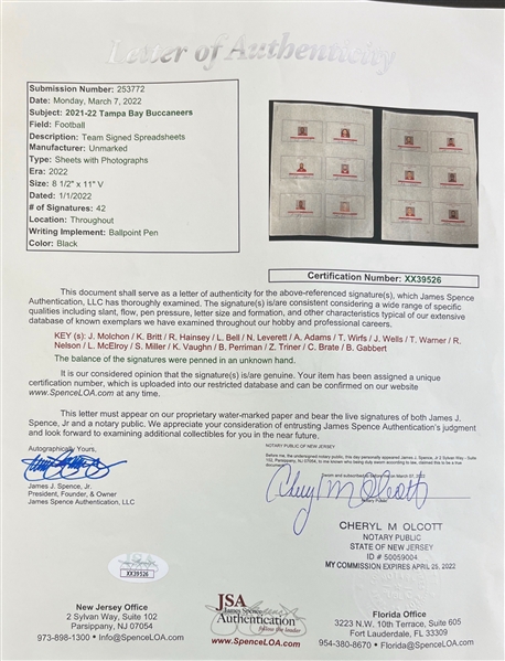 2021-22 Tampa Bay Buccaneers Team Signed Spreadsheets (JSA LOA)