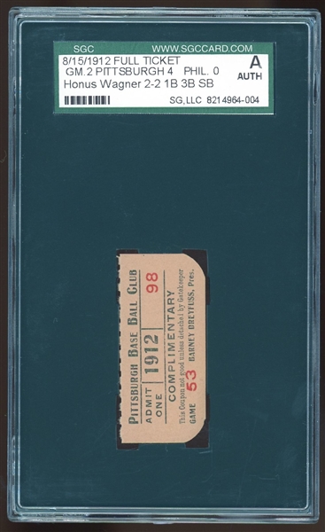 Original 1912 Pittsburgh Pirates Ticket Stub :: Honus Wagner 2-2 w/ Triple & Stolen Base (SGC Encapsulated)