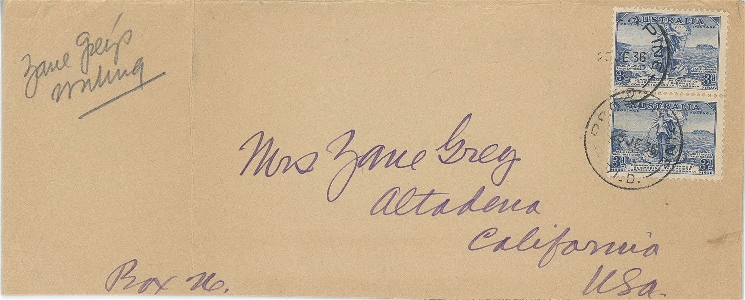 Zane Grey & Hand-Addressed Mailing Envelope Containing Signature (Third Party Guaranteed) 