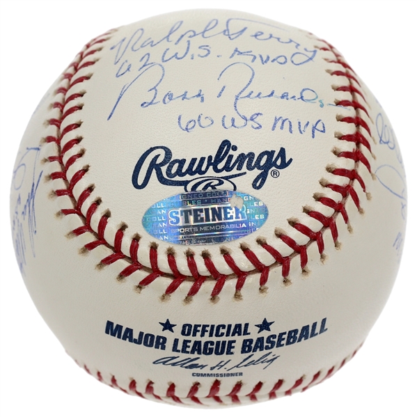 NY Yankees World Series MVP Winners Signed & Inscribed ROMLB Baseball Derek Jeter, Mariano Rivera, Whitey Ford 10 Signatures (Steiner)