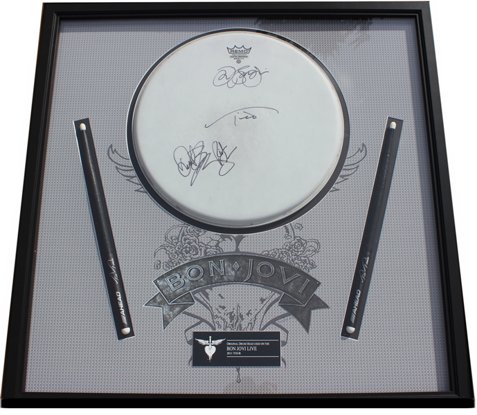 Bon Jovi 2001 Tour-Used & Group Signed Drum Head and Sticks Display (ACOA Authentication)