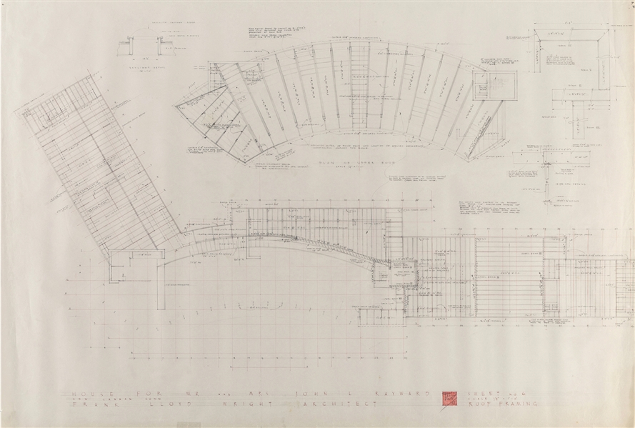 Frank Lloyd Wright One-of-a-Kind Signed Original Roofing Plan for Tiranna (Rayward House) - One of his Final Designs! (PSA/DNA LOA)