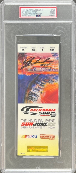 Jeff Gordon Signed 97 California 500 Ticket Stub : Gordon Wins The Race! (PSA Auto 8)(PSA/DNA Encapsulated)
