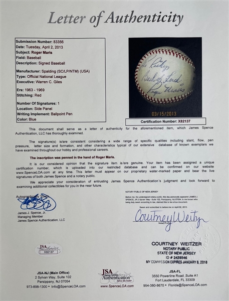 Roger Maris Signed & Inscribed Baseball (JSA LOA)