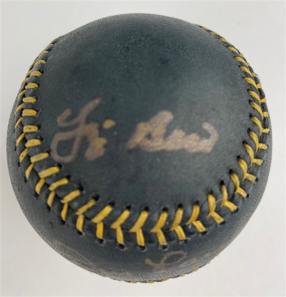 Don Larsen & Yogi Berra Signed & Inscribed Black OML Baseball (PSA/DNA ALOA)