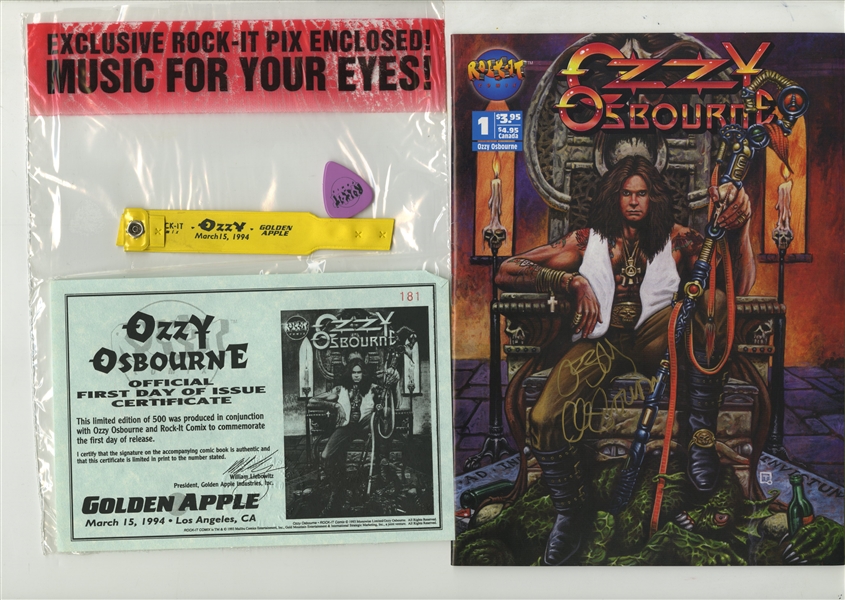 Ozzy Osbourne Signed 1994 Rock-It Comix #1 w/ Items From Signing (ACOA Authentication)