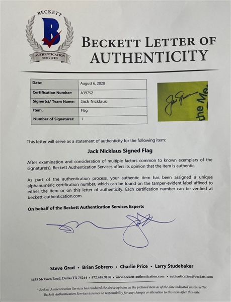 Jack Nicklaus Signed The Memorial Tournament Golf Flag (Beckett/BAS)