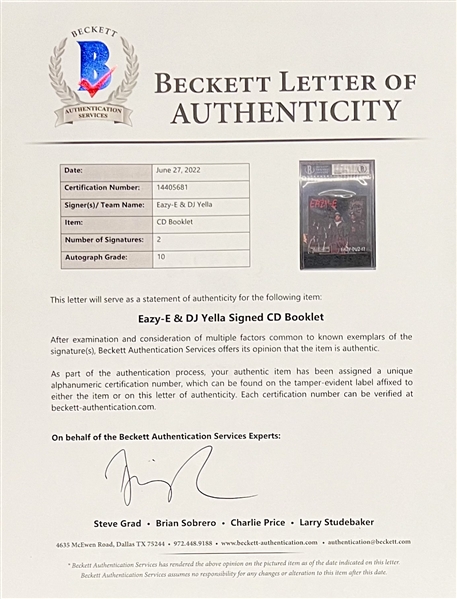 Eazy-E & DJ Yella Signed Eazy-Duz-It CD Booklet with GEM MINT 10 Autographs (Beckett/BAS Encapsulated & Beckett/BAS LOA)