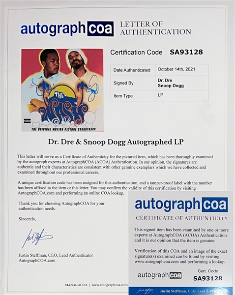 Dr. Dre & Snoop Dogg RARE Dual Signed The Wash Album Soundtack (ACOA LOA)
