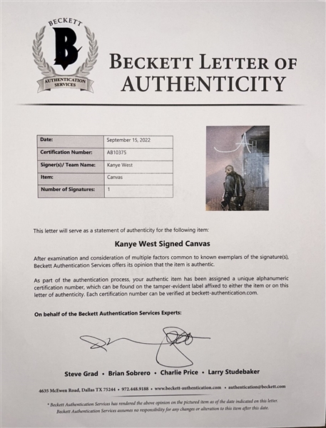 Kanye West Signed 16” x 20” Canvas from DONDA Release Show (Beckett/BAS Authentication)