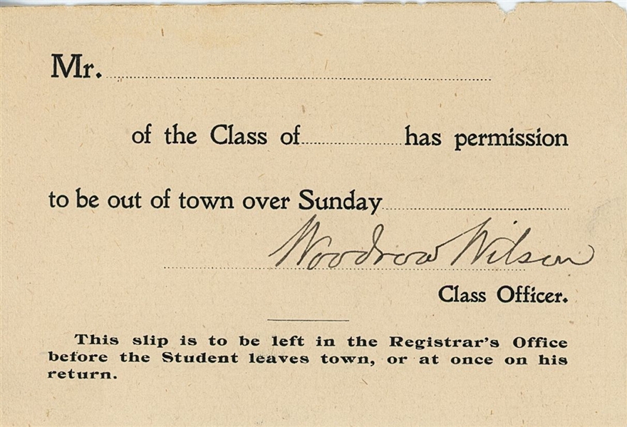Woodrow Wilson Signed Permission Slip (Beckett/BAS LOA) 
