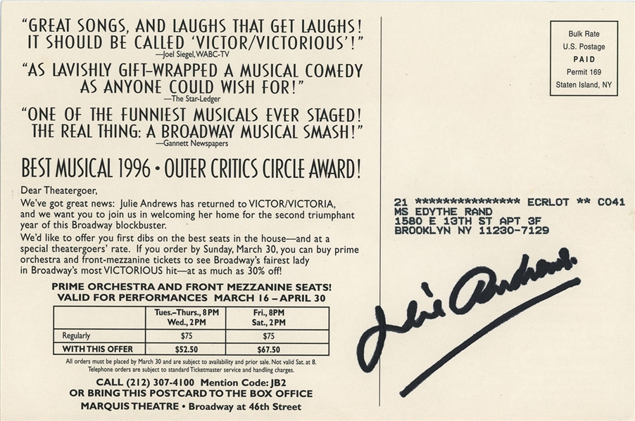 Julie Andrews Signed “Victor Victoria” Postcard Photo (JSA Sticker) 