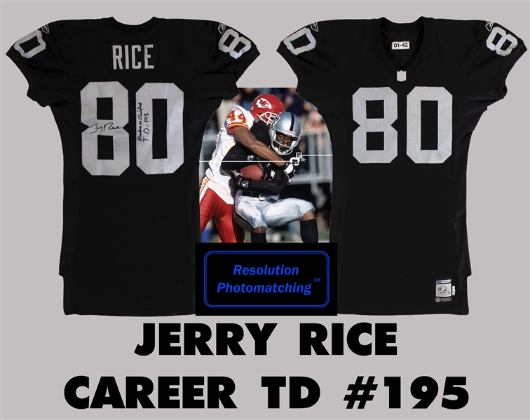 Jerry Rice 2001 Game Worn & Signed Jersey : Photomatched to 195th Career TD! (Resolution Photomatching & Beckett/BAS LOA)