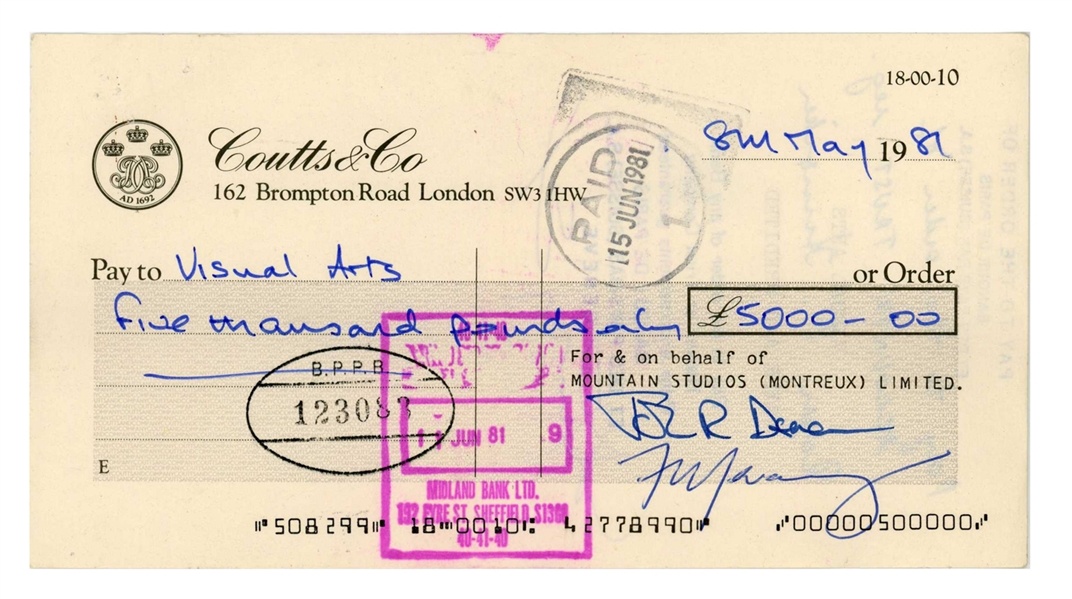 Queen Group Signed Set of (3) Coutt & Co London Cheques (5 Sigs) (Tracks COA) 