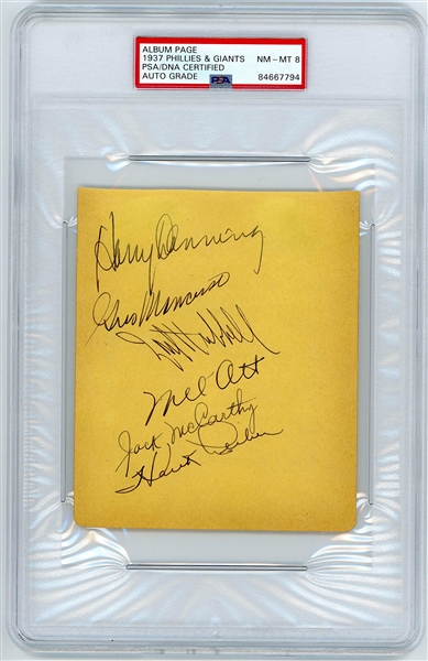 Phillies & Giants 1937 Team Signed Album Page (14 Sigs) (PSA Encapsulated NM-MT 8 Autograph Grade) 